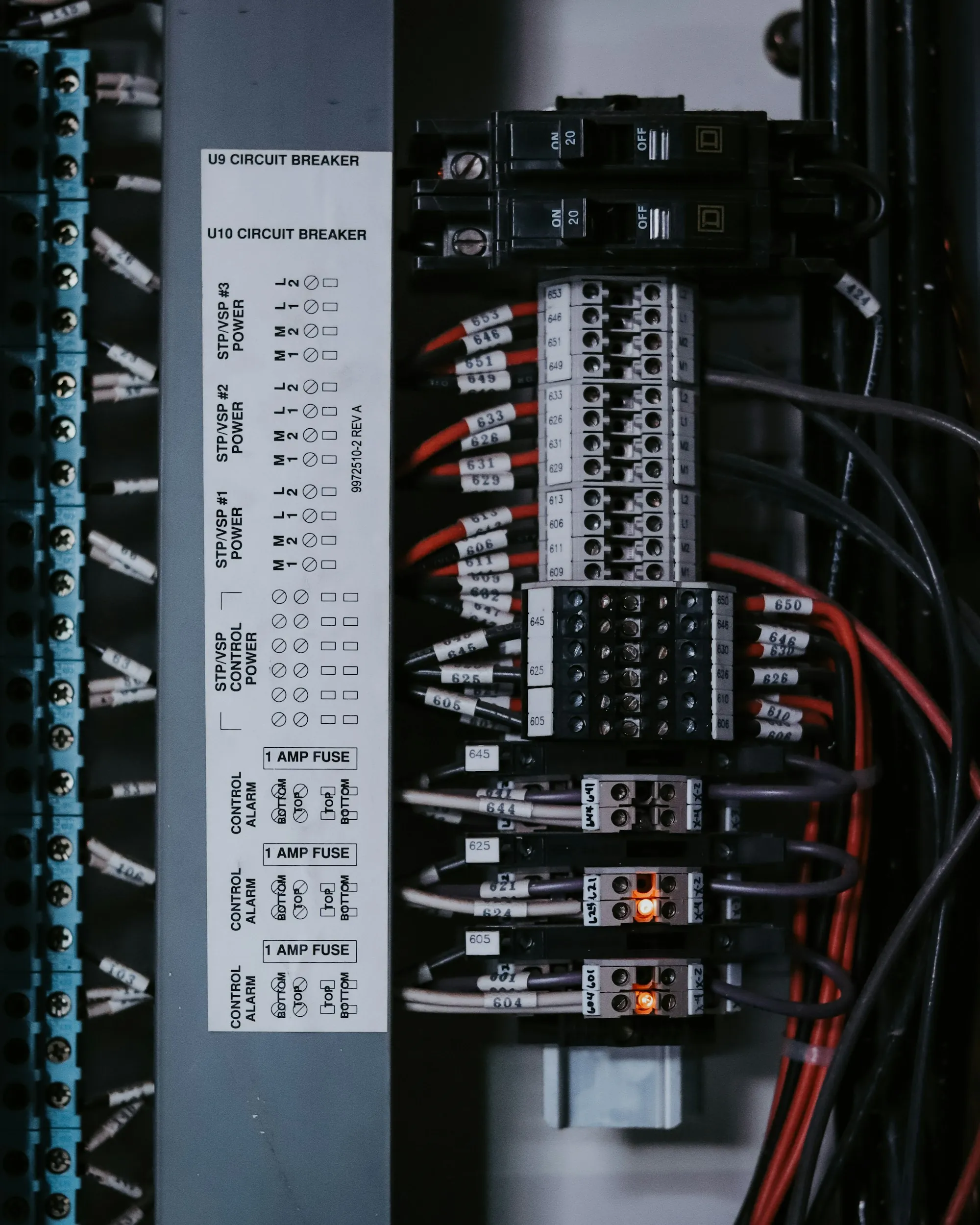 Close view of a breaker panel with neatly routed wiring