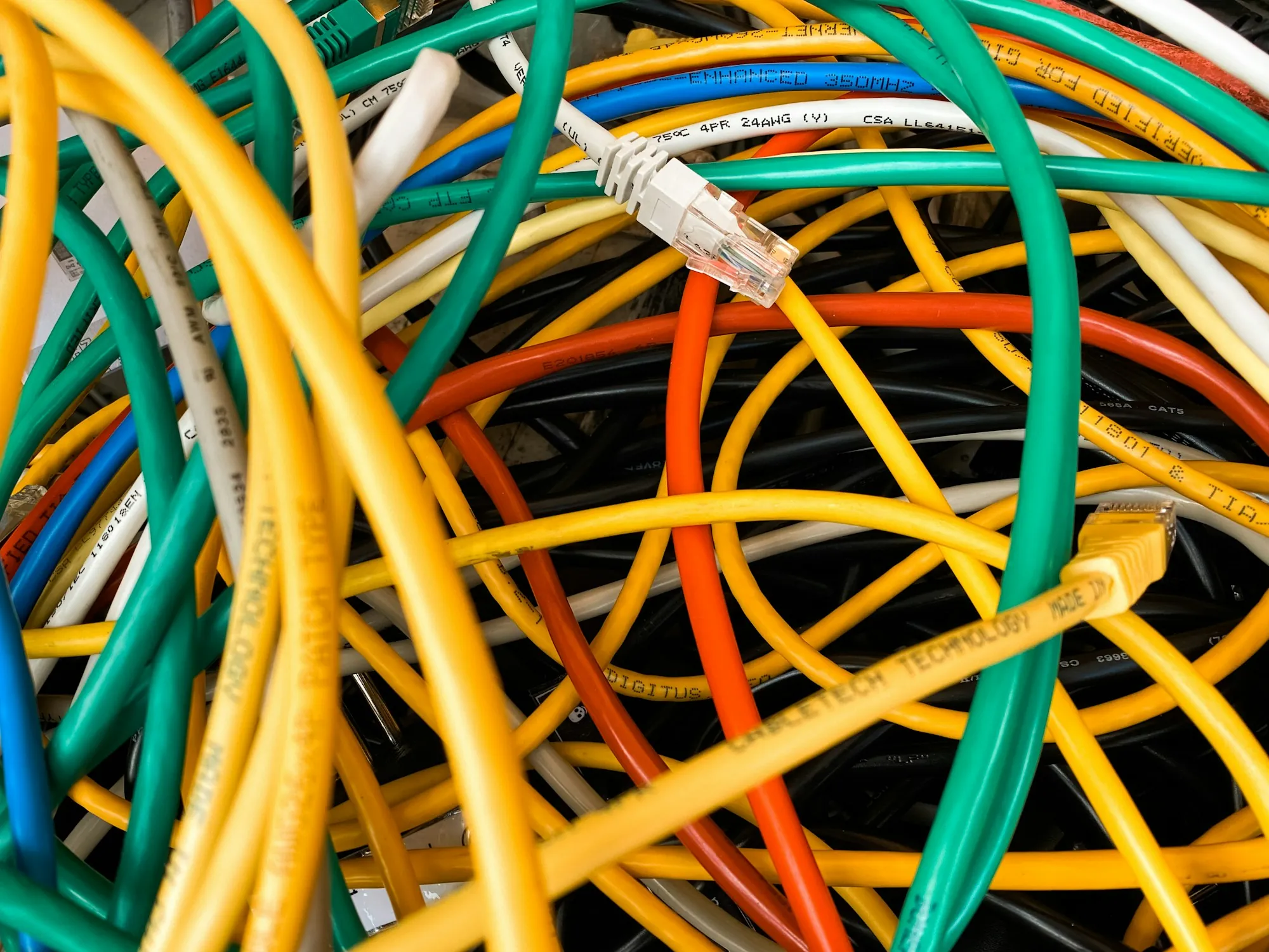 Bundles of colorful electrical cable coiled together